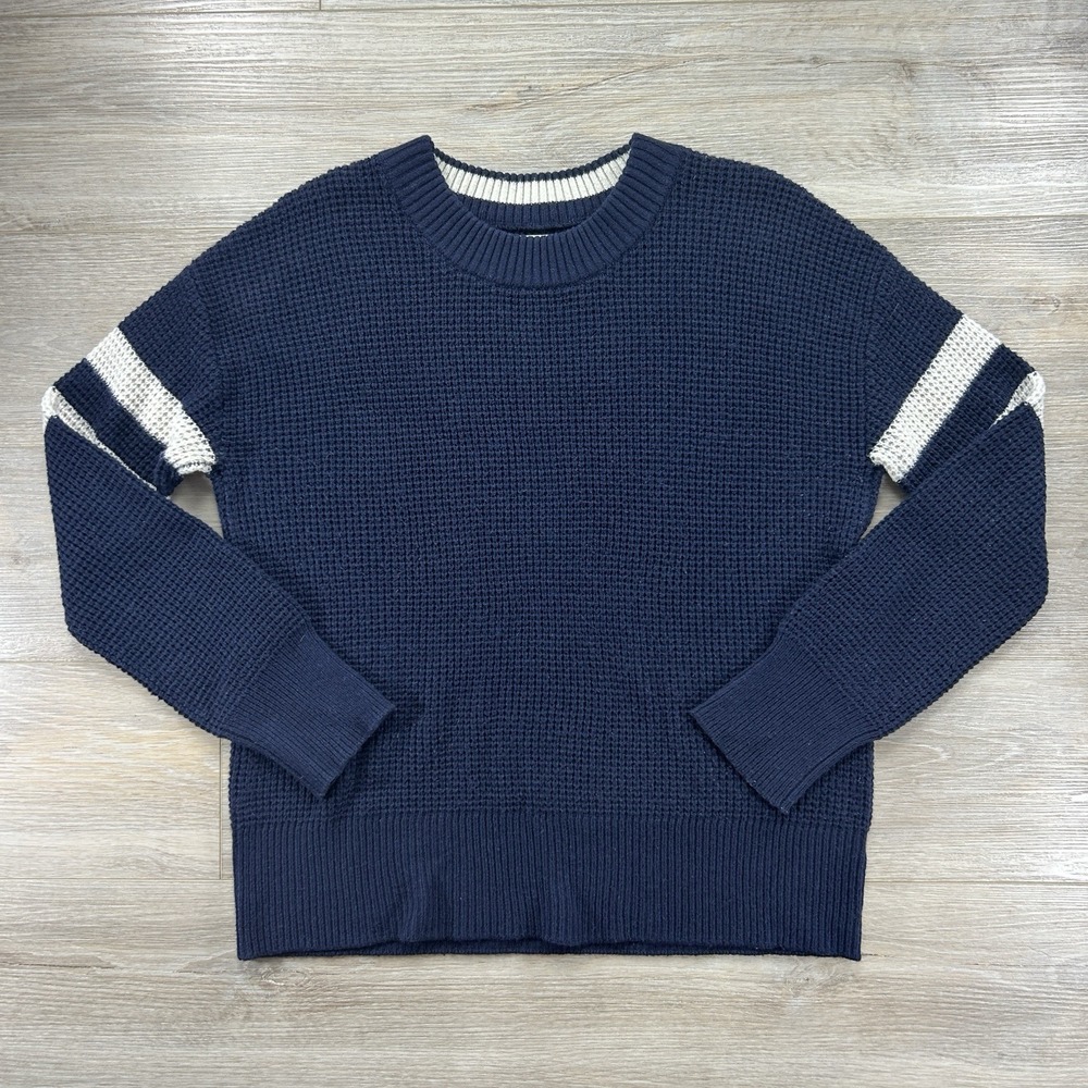 Faherty Sweater Womens Large Blue Wool Blend Crewneck Waffle Knit Striped